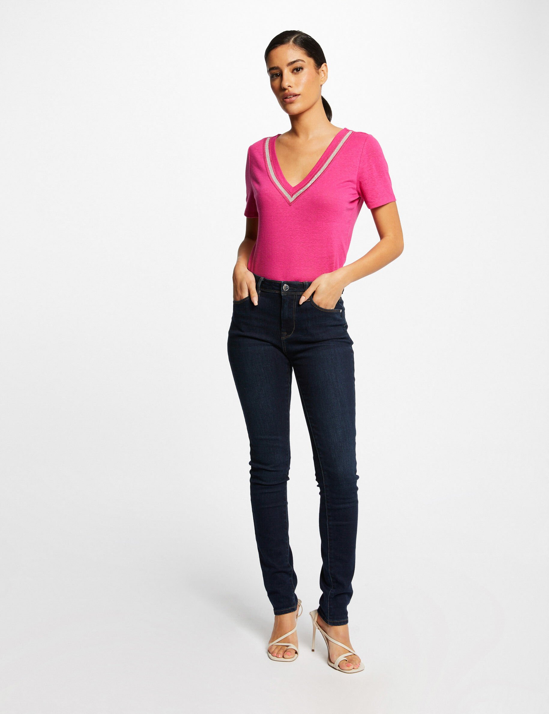 T-shirt manches courtes à détails bijoux rose fonce femme - rose_fonce