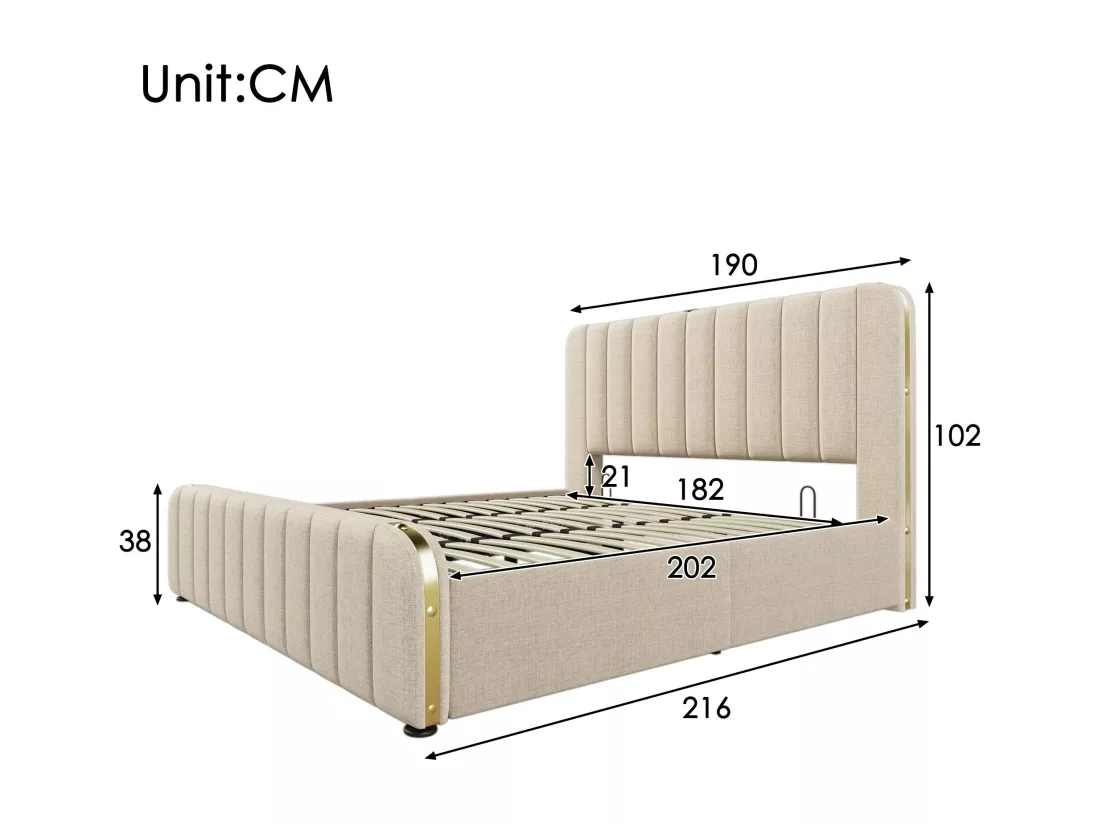 Lit adulte, lit rembourré 180*200 cm, avec garniture dorée et recharge USB Type-C, tissu en lin beige.
