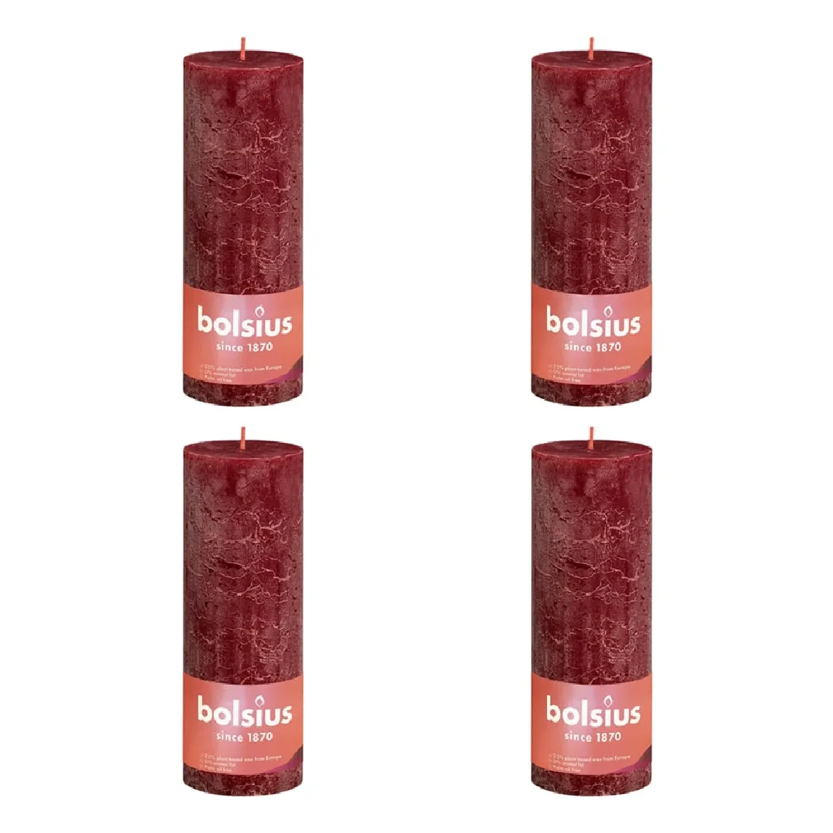 Bolsius Bougies pilier rustiques Shine 4 pcs - Rouge velours