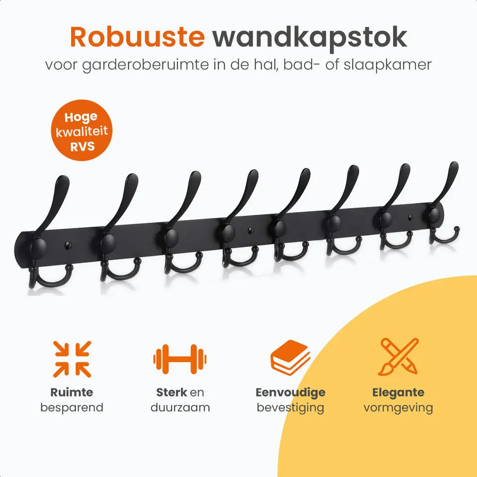 Goliving Wandkapstok – 24 Haaks Hangende Kapstok – Muurkapstok – RVS – Zwart