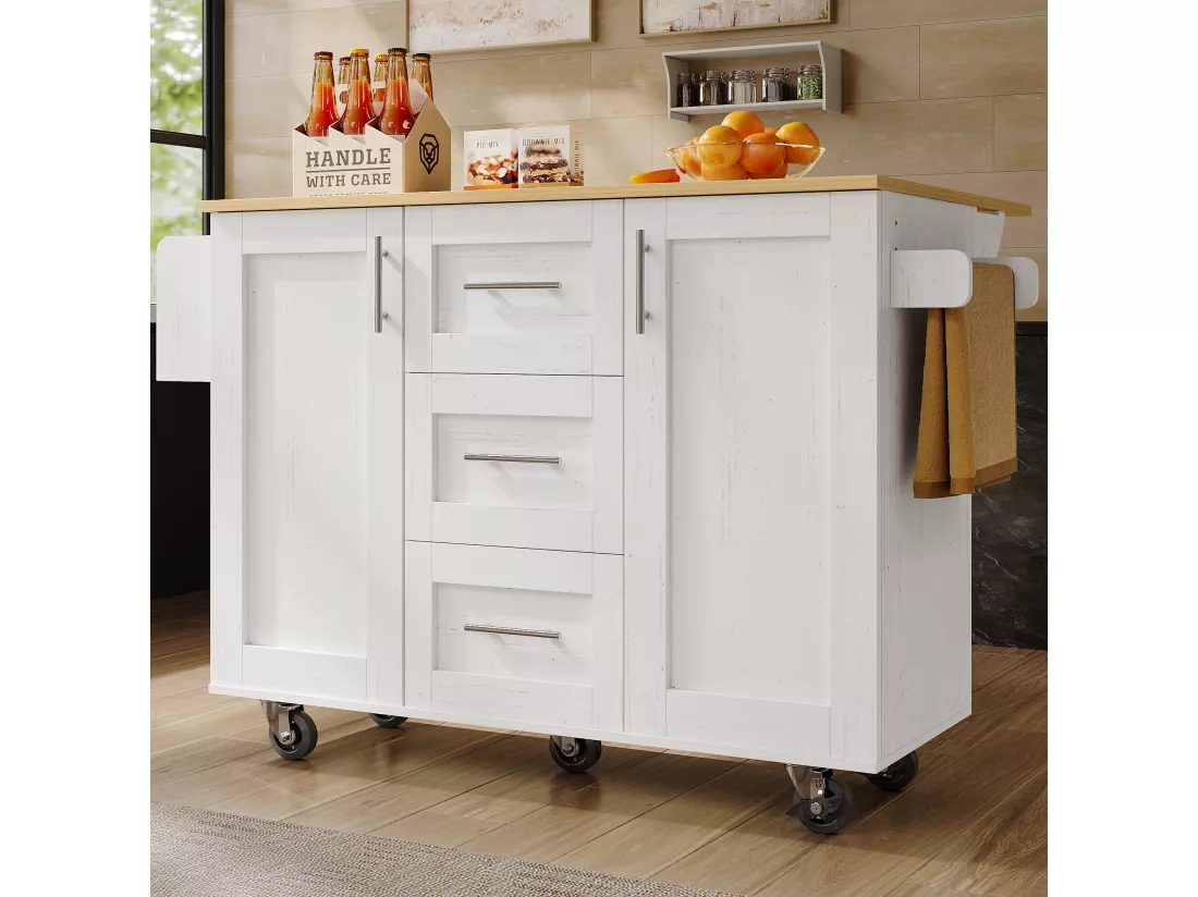 Ilot central de cuisine - chariot à roulette avec plateau extensible - 3 tiroirs et 2 portes - Blanc