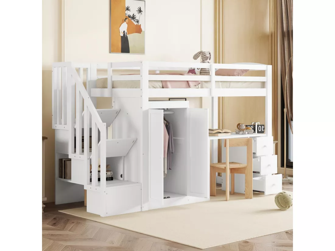 Lit mezzanine 90 x 200 cm avec armoire, bureau, tiroirs et penderie - bois de pin + MDF - blanc (sans matelas)