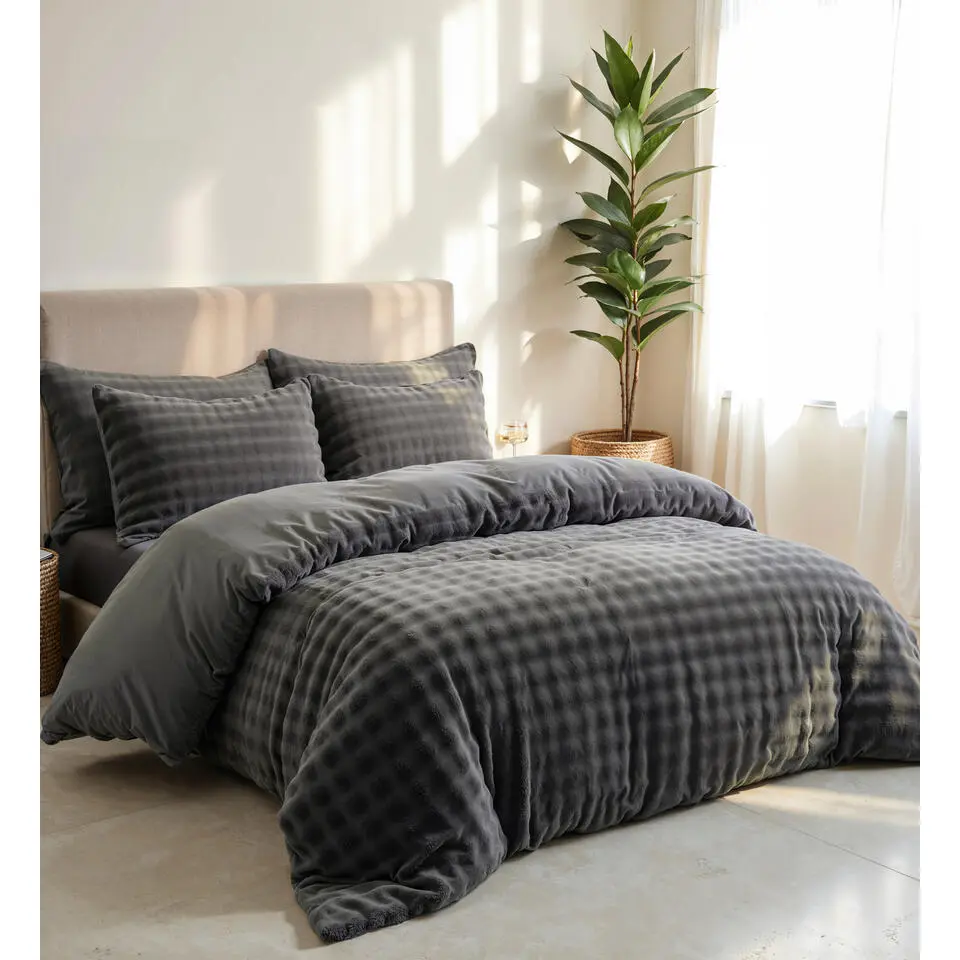 Dekbedovertrek 140x220 – Pompom Design & Warm Flanel Fleece - Antraciet