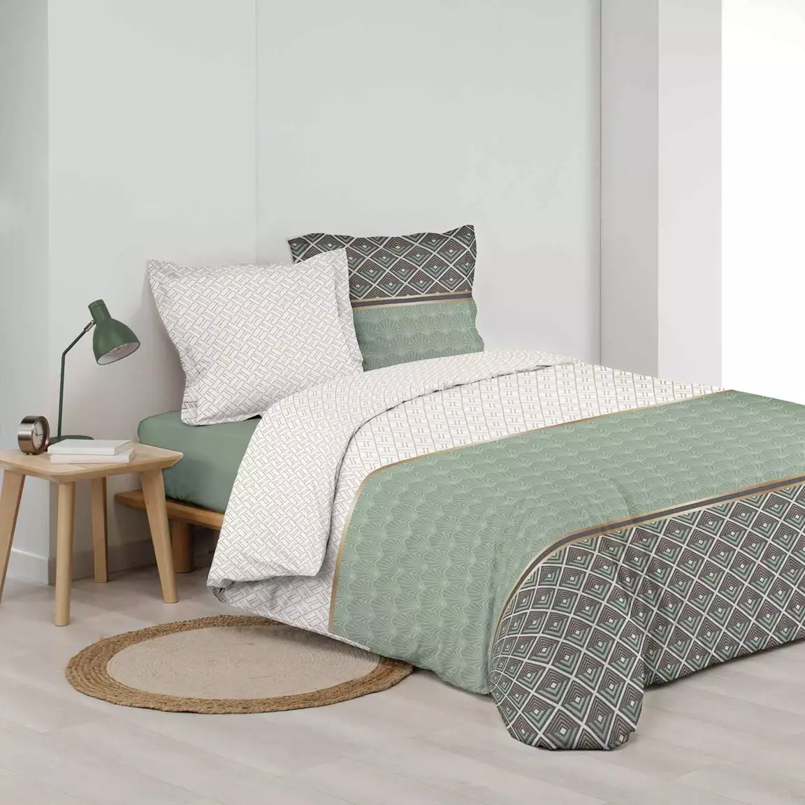 Housse de couette et deux taies percale de coton (260 x 240 cm) Belor Verte