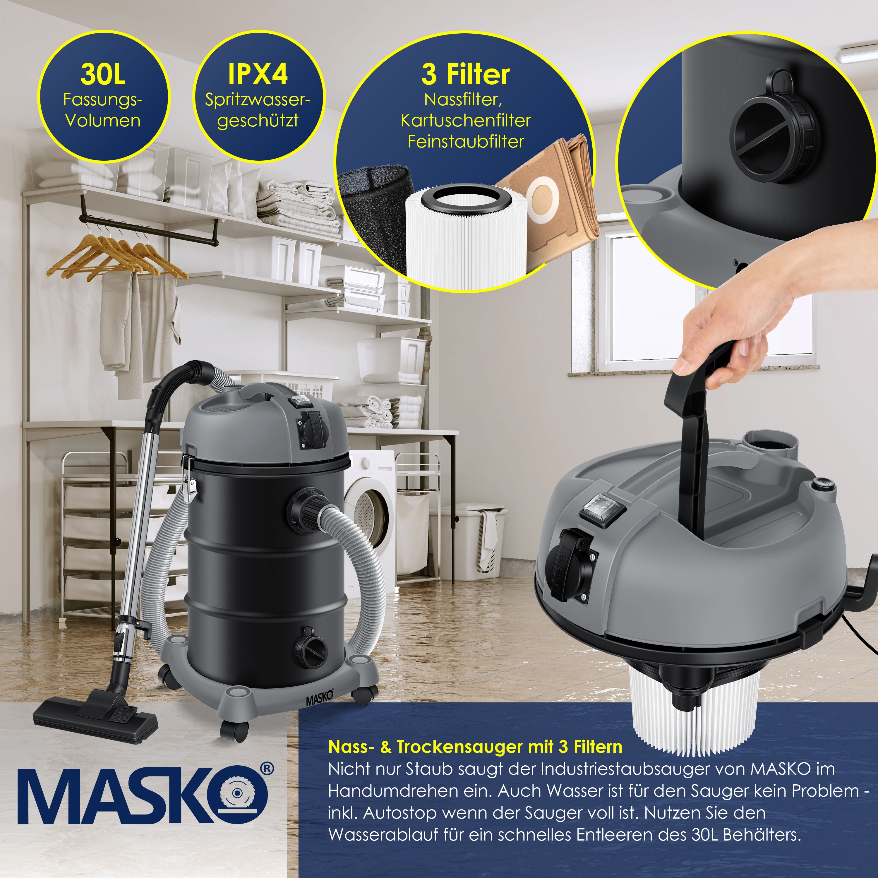 MASKO® 6IN1 Industriestaubsauger Staubsauger Nass Trocken Sauger Aschesauger 2300W + Steckdose ? Blasfunktion ? Trocken-Saugen & Nass-Saugen | Industrie-Sauger mit & ohne Beutel | beutellos
