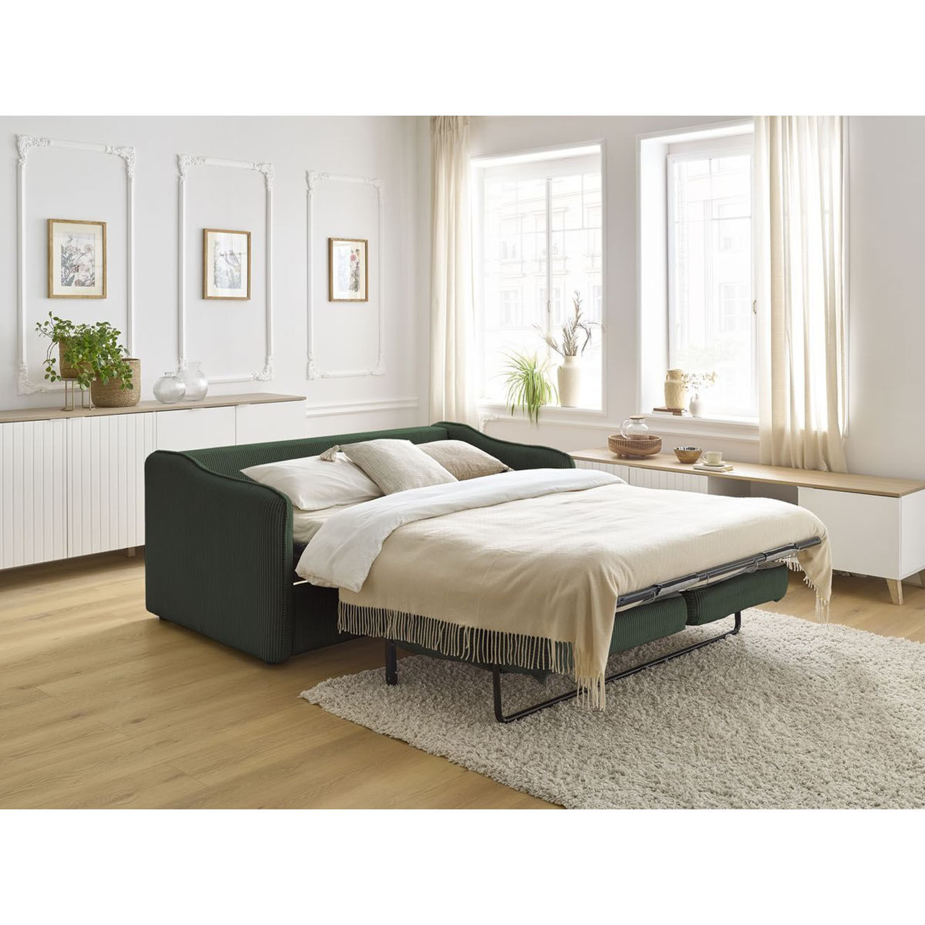 Bobochic Canapé droit convertible express en Velours côtelé 3 places Lenny vert - 178x102x89 cm