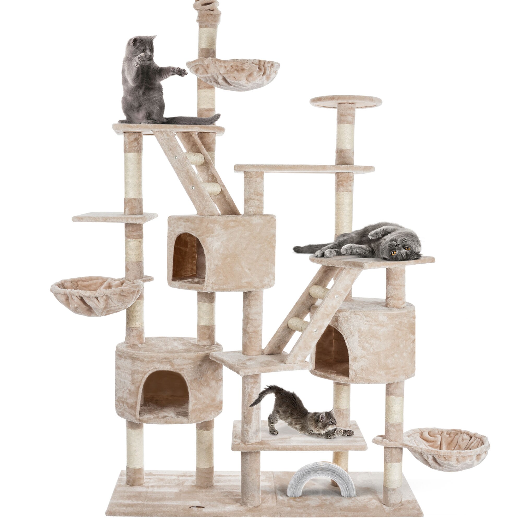 HAPPYPET Kratzbaum deckenhoch 260 cm hoch, Kletterbaum SAM – Großer XXL Katzenbaum Stabil für mehrere Katzen, stabile 8 cm Säulen, Liegemulden, Häuser, mit Zubehör | Beige 260 cm