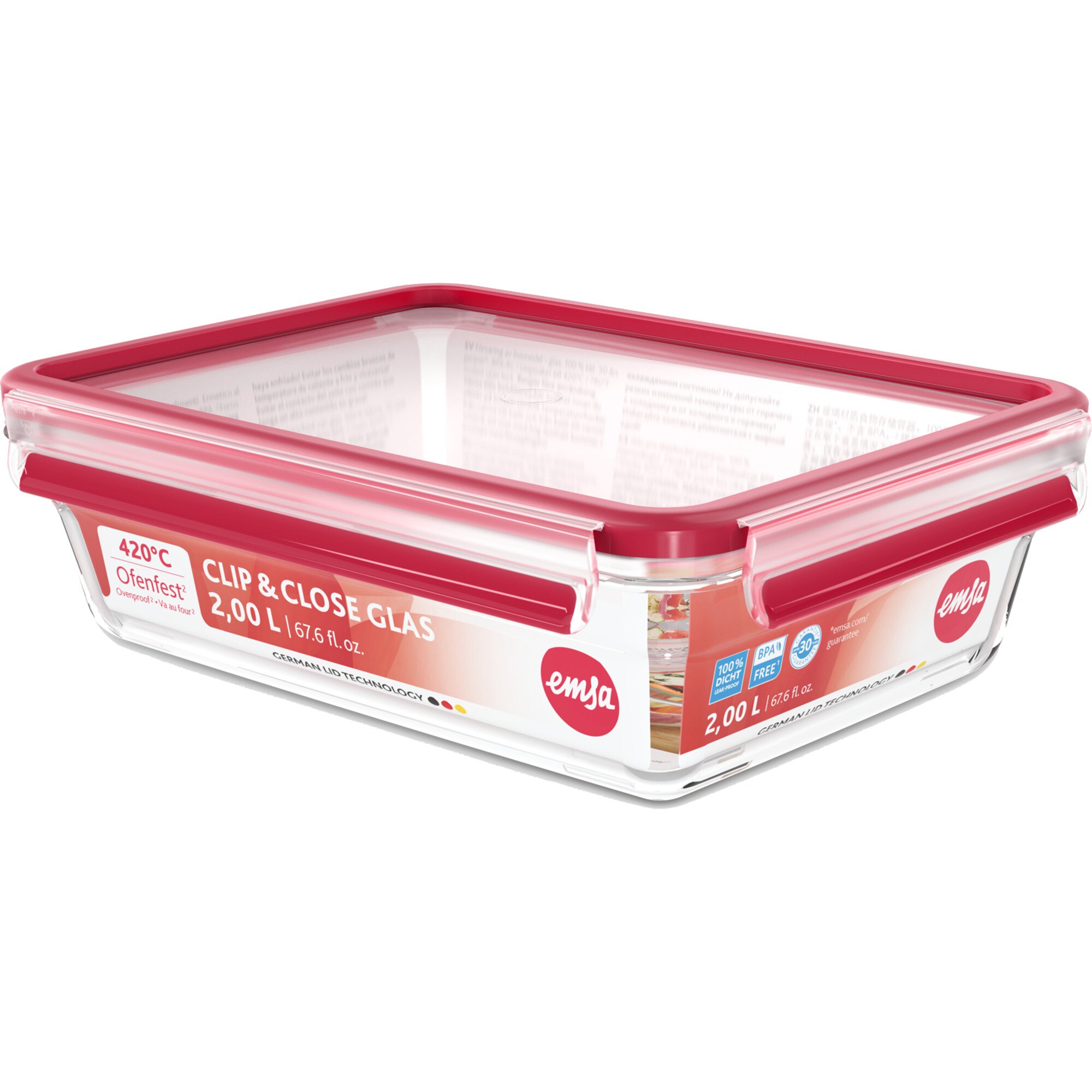 Emsa Dose CLIP & CLOSE Glas-Frischhaltedose 2,0 Liter