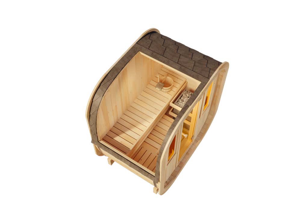 FinnTherm ScandiCube Mini XXS Barrelsauna met 1 houten bank, 42 mm wanddikte, buitensauna met bevestigingsmateriaal, zonder ramen, natuurlijke afwerking, 2,1 x 1,3 m