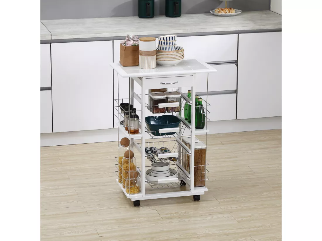 Chariot de service desserte de cuisine à roulettes multi-rangements 4 paniers métal tiroir + 4 range-bouteilles bois pin plateau carrelé blanc