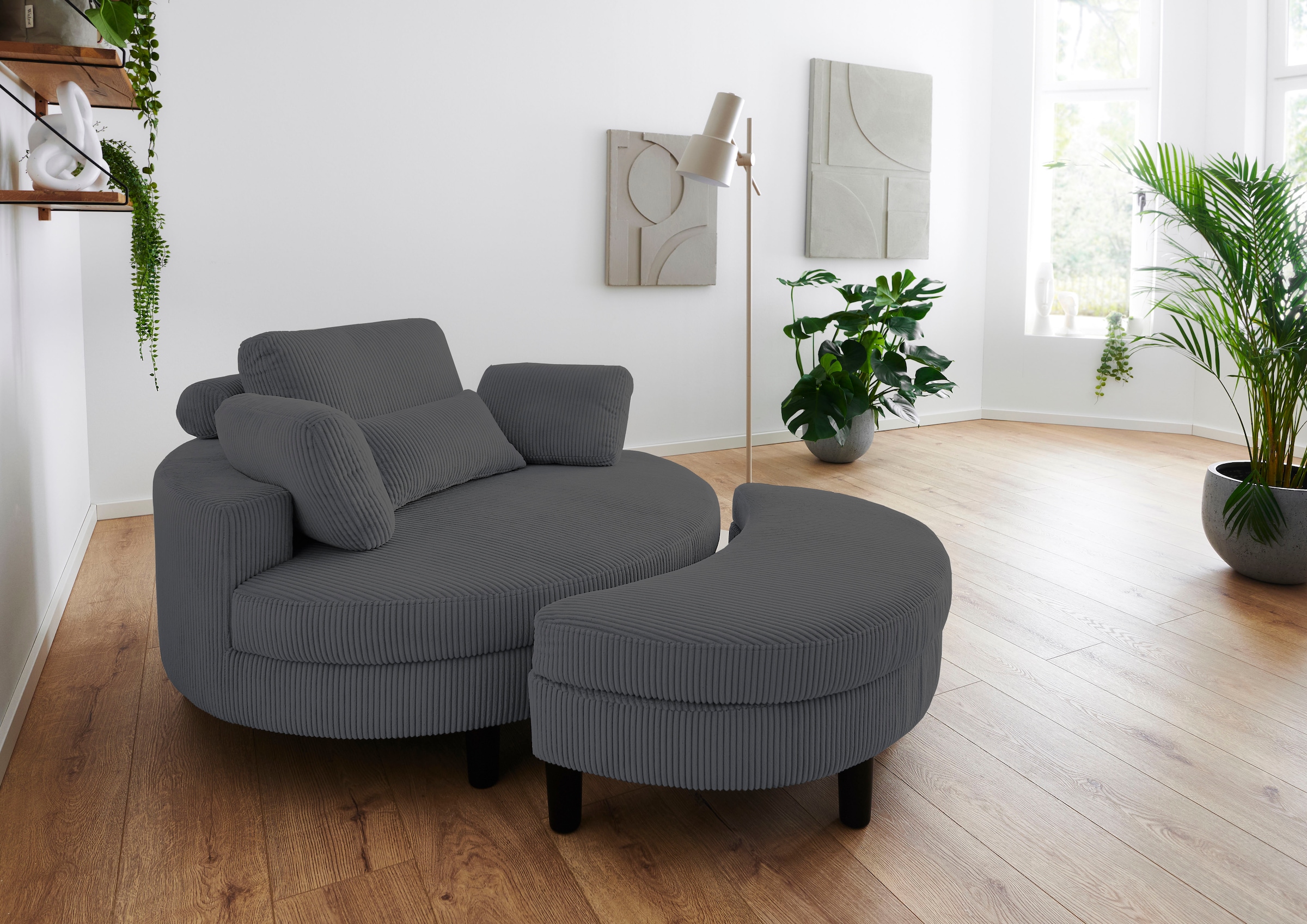 ATLANTIC home collection Loveseat »Ravi, B: 114 cm« XXL- Sessel, mit Stauraumhocker, Rückenstütze & 4 Zierkissen