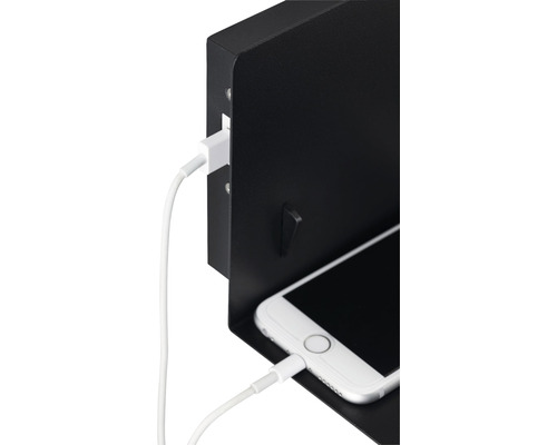 Wandlamp met plank + USB-aansluiting, 1-lamp, HxBxD 13x40x17 cm, Devara zwart met schakelaar