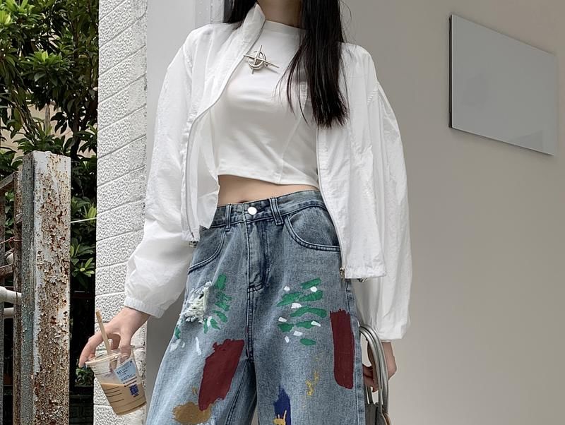 Cerauno - High Waist Brush Print Washed Distressed Wide Leg Jeans