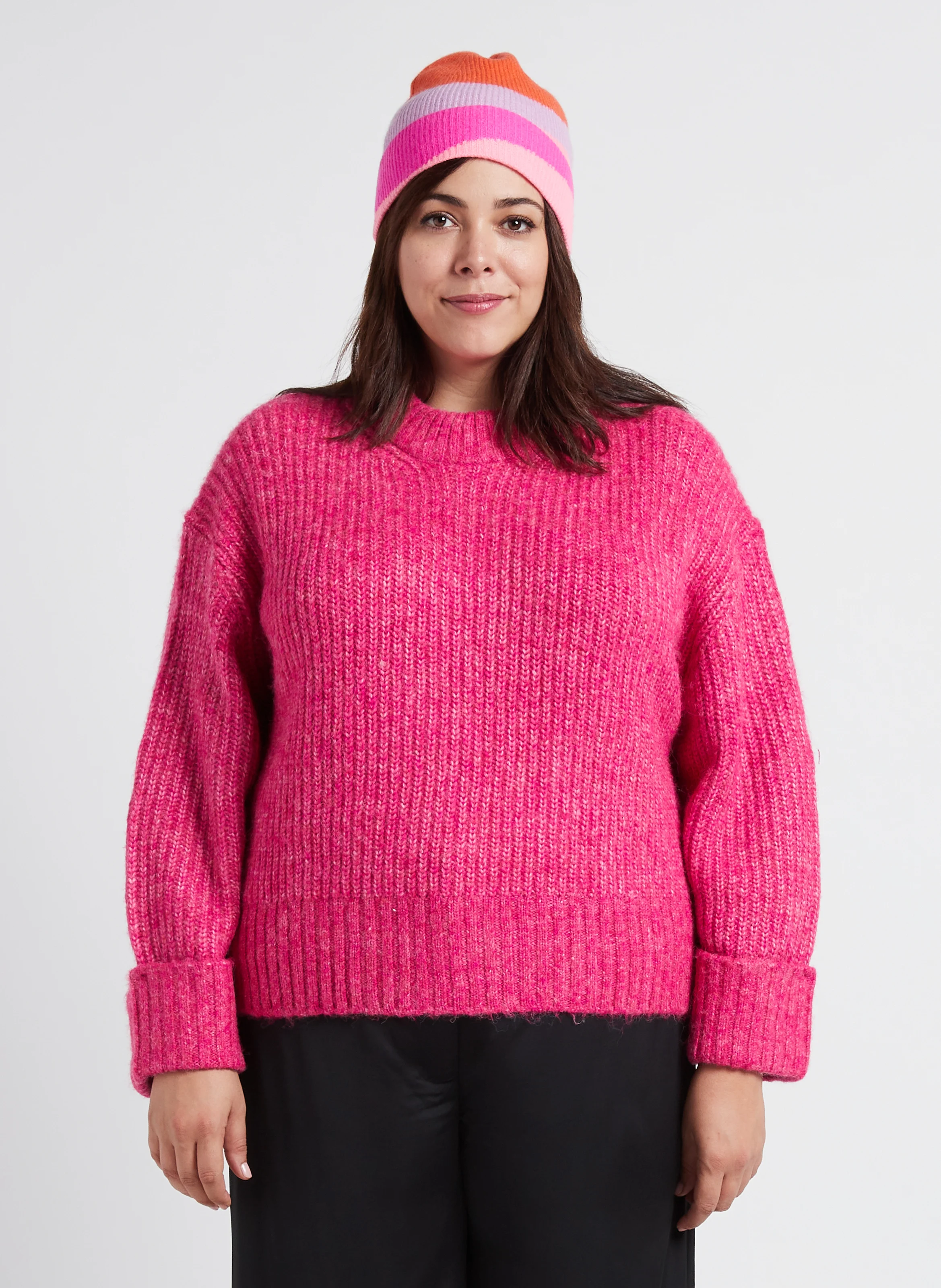 Pull ample col rond en maille mélangée | Rose