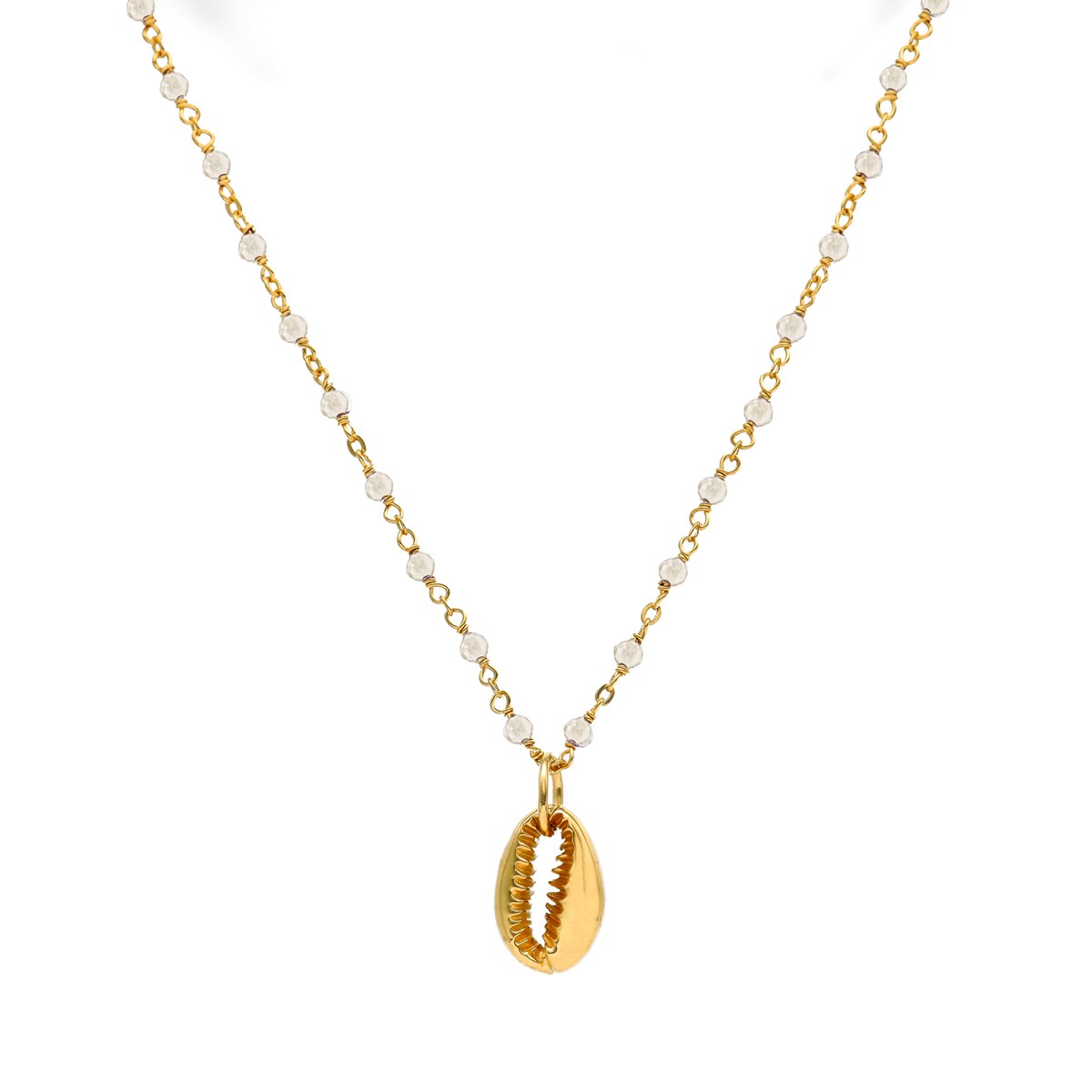 Collier Chaine En Argent Doré Avec Pierres Naturelles De Lune Blanc Et Coquillage
