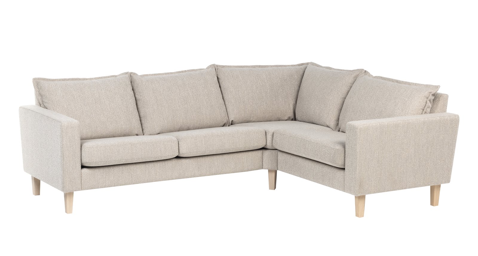 Slogen hjørnesofa 2-seter hjørne 1-seter. Tekstil Dragon Sand med soft ryggpute. Vange B og hvitpigmentert ben 178.