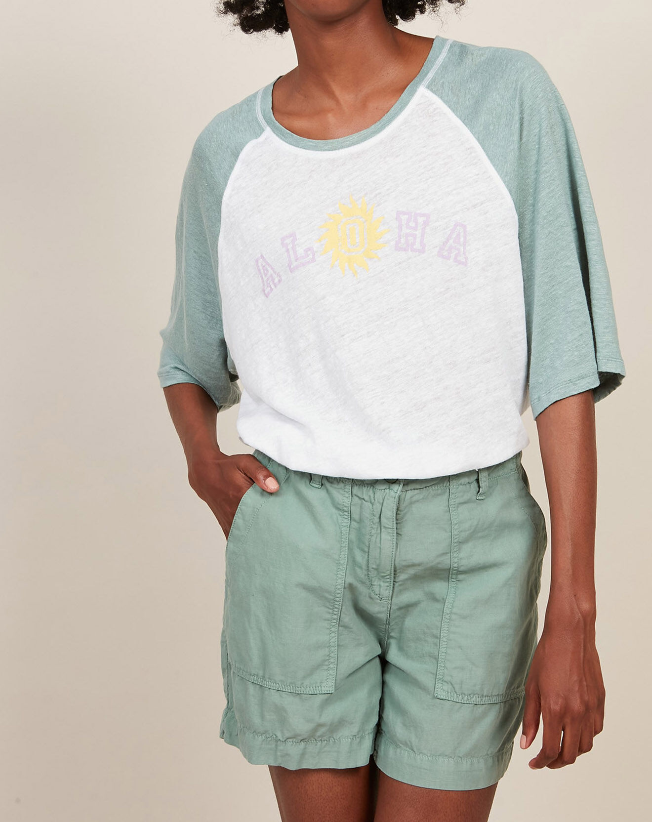 Hartford T-Shirt 100% Lin Tekla eucalyptus/blanc