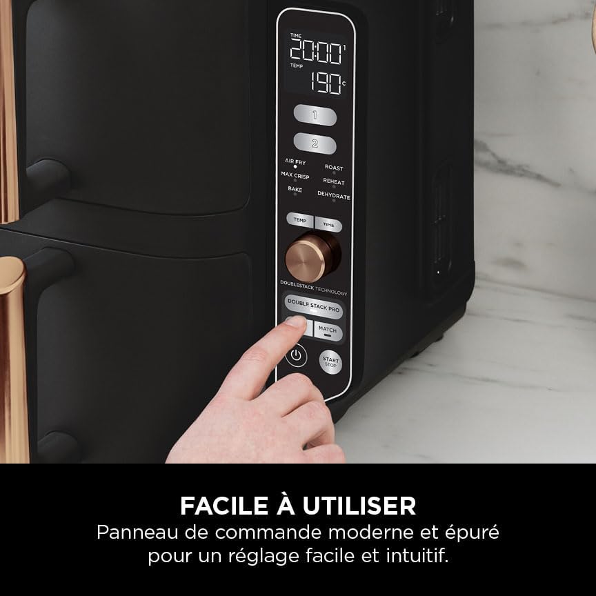 NINJA Double Stack XL Air Fryer, Friteuse sans huile Verticale Double Tiroir 4 Niveaux de Cuisson, 2 Tiroirs, 2 Grilles, Capacité de 9,5 L, 6 Fonctions, 8 Portions, Pinces, Noir/Cuivre SL400EUCP
