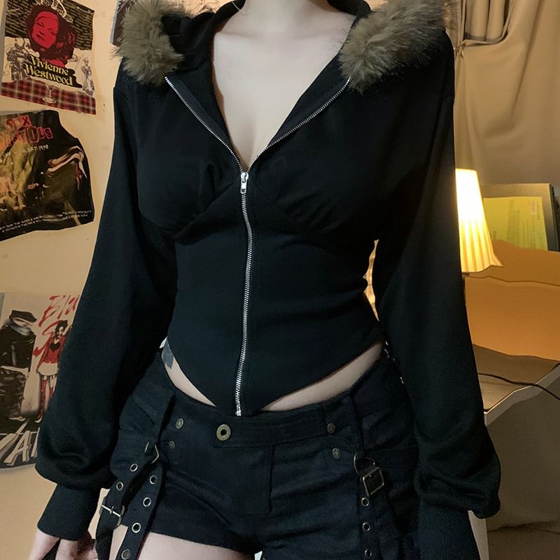 Trisica - Effen hoodie met rits en pluizige bies