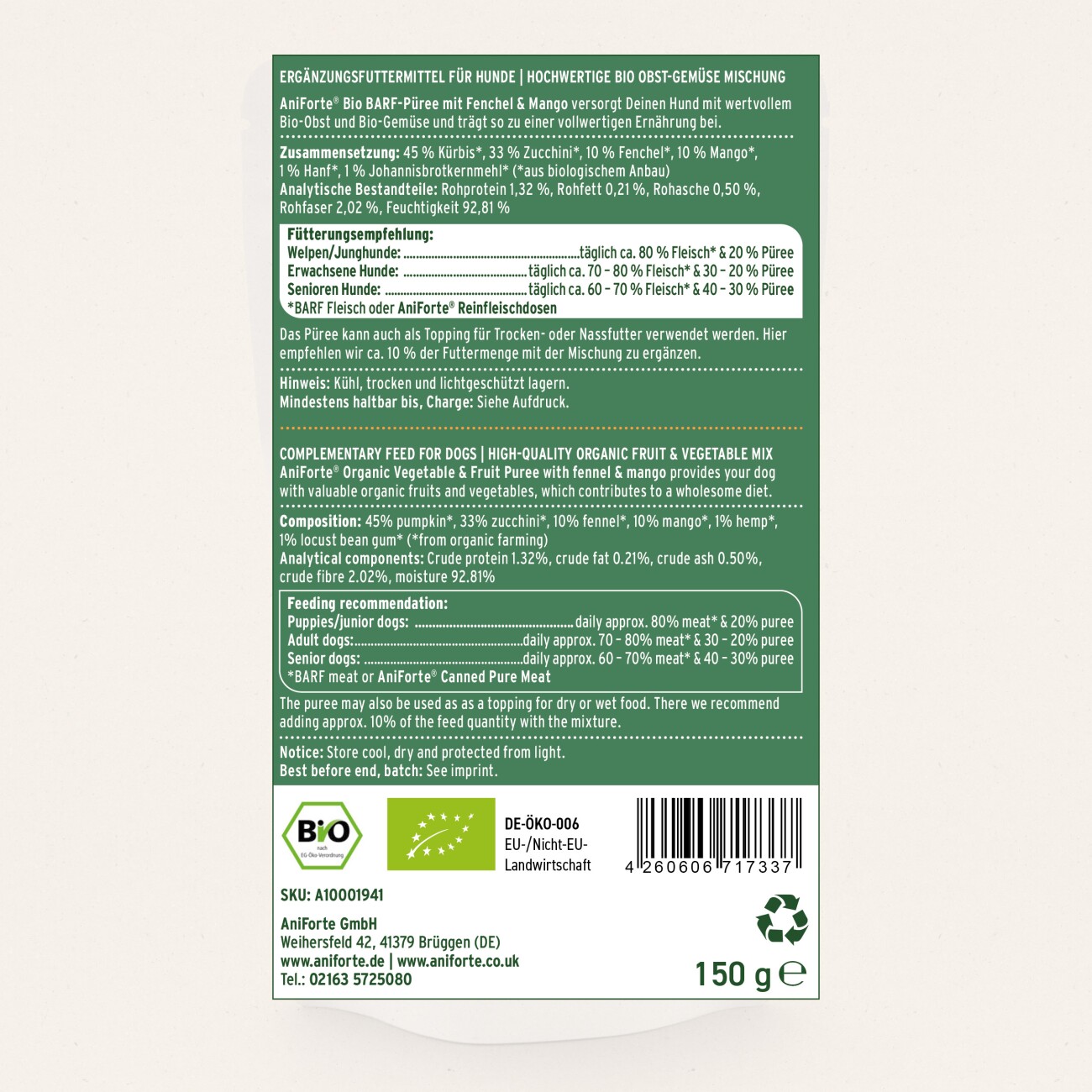 AniForte BIO BARF Püree - Fenchel & Mango 5x150 g