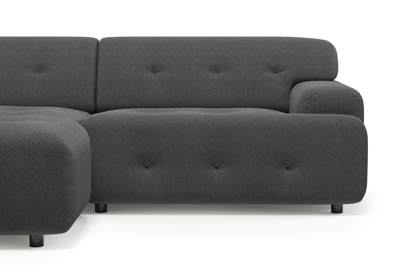 Bob sofa 1,5-seter med sjeselong venstre. Tekstil Mito 169 Antracite med sorte ben.