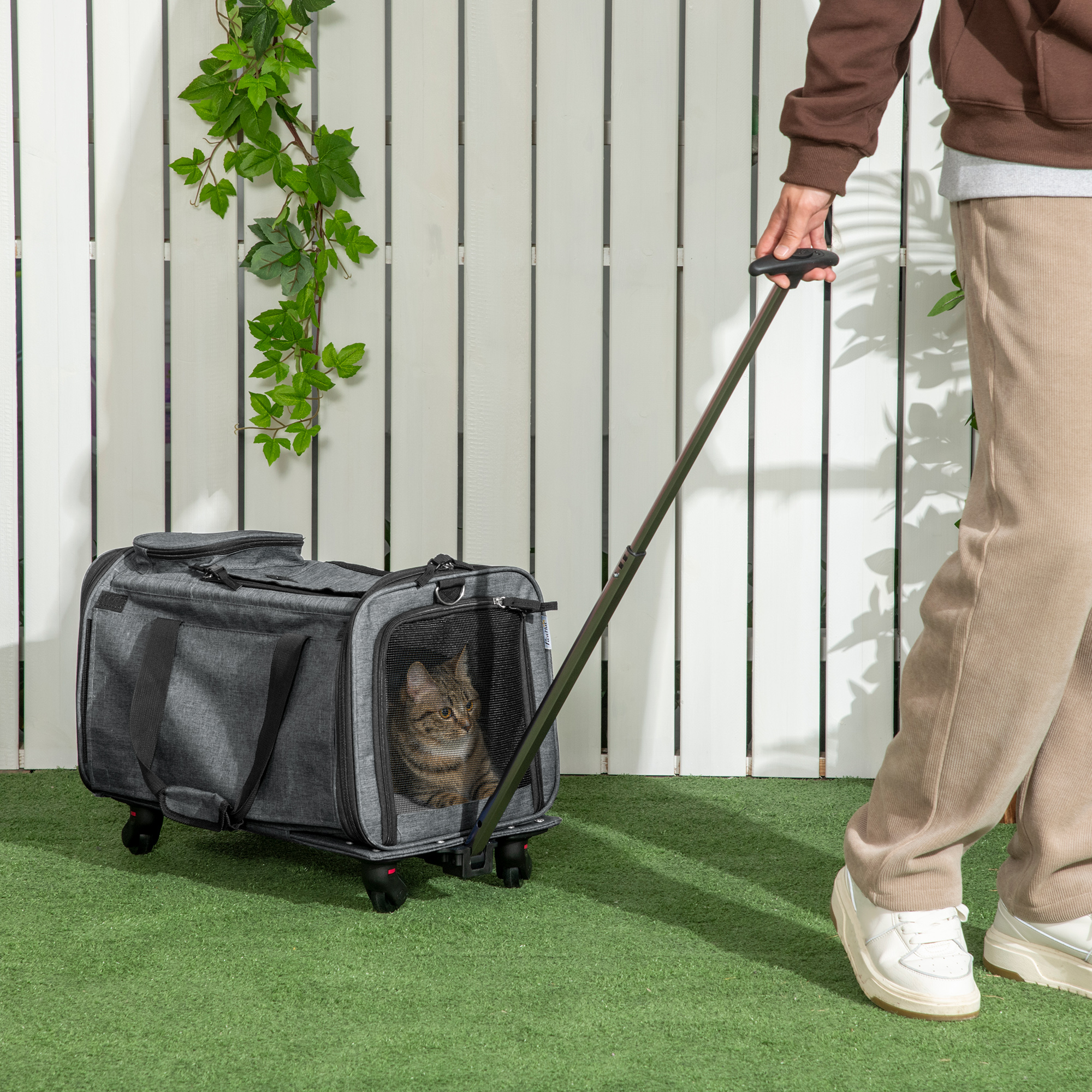 Carrinho de transporte 4 em 1 PawHut para animais de estimação com rodas, bolsa para transporte de cães e gatos com alça telescópica de alumínio, 50x31x37 cm, cinza