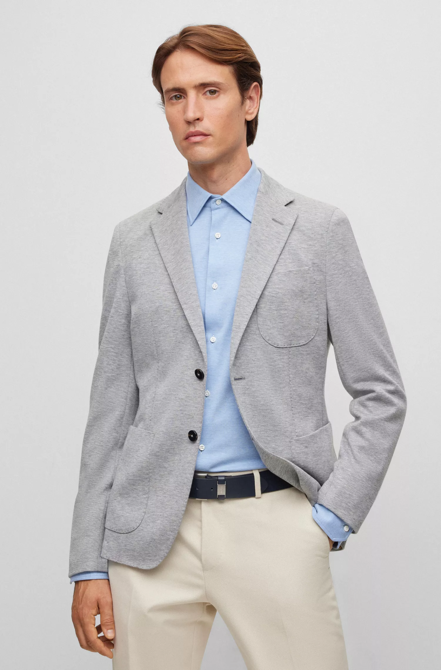 Camisa BOSS cor camelo, corte slim, em mistura de algodão.