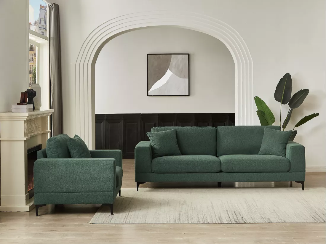 Canapé 3 places et fauteuil en tissu texturé vert JAMOLO