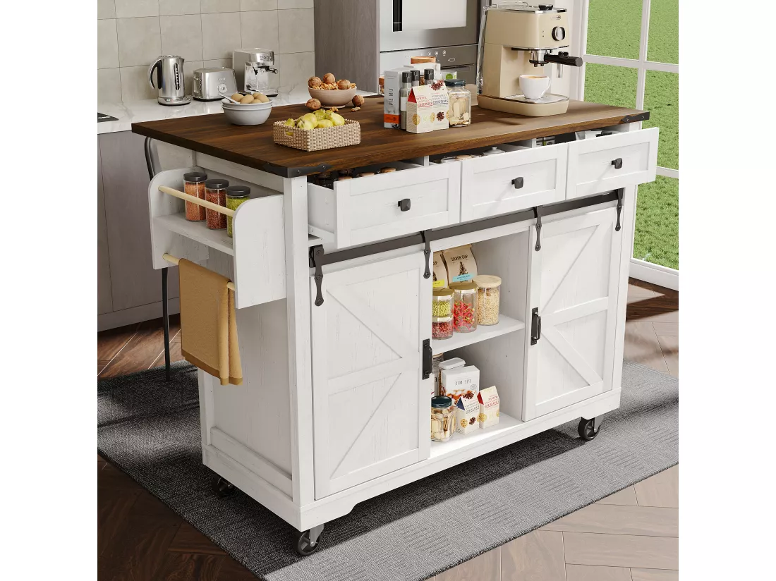Ilot central de cuisine mobile avec 2 portes coulissantes et 3 tiroirs - plateau extensible - 140 x 45/73 x 92.5 cm - Bois MDF + métal - Blanc + naturel