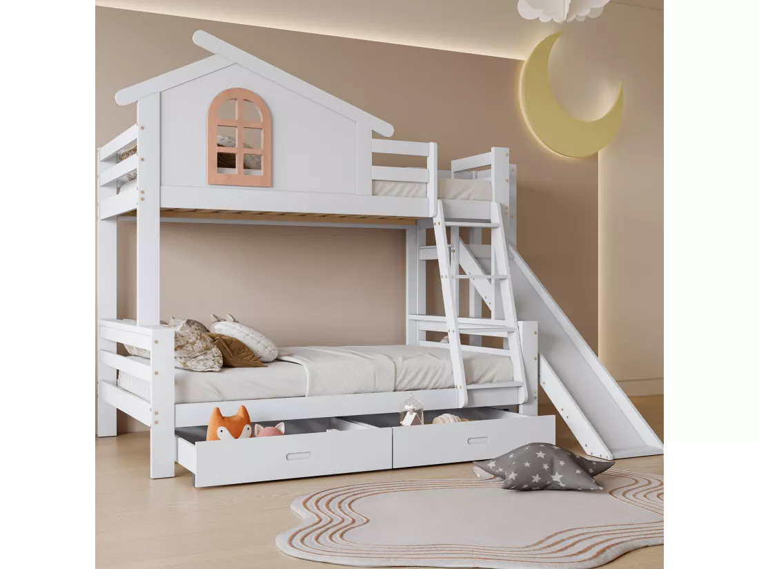 Lit superposé en bois massif blanc avec fenêtre caractéristique, toboggan et deux tiroirs, lit enfant et lit mère, 90x200 & 120x200cm