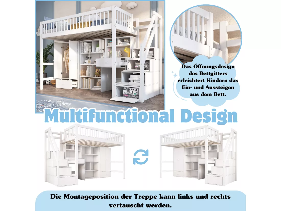 Lit mezzanine 90 x 200 cm avec bureau, étagères et armoir - bois massif - blanc