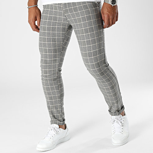 Pantalon A Carreaux Gris Beige