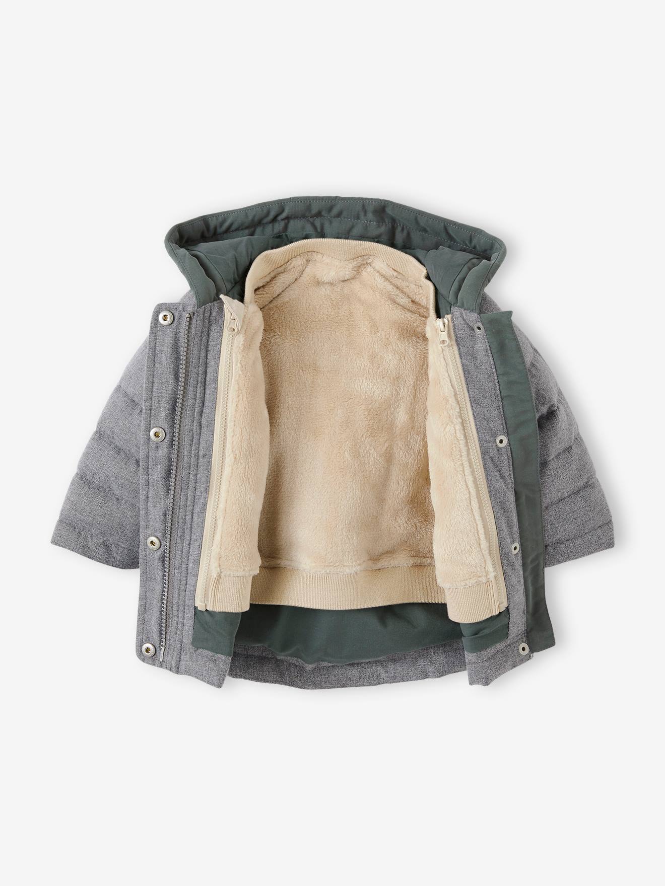 Parka 3 em 1 para bebê menino com jaqueta removível de malha azul-escura lisa.