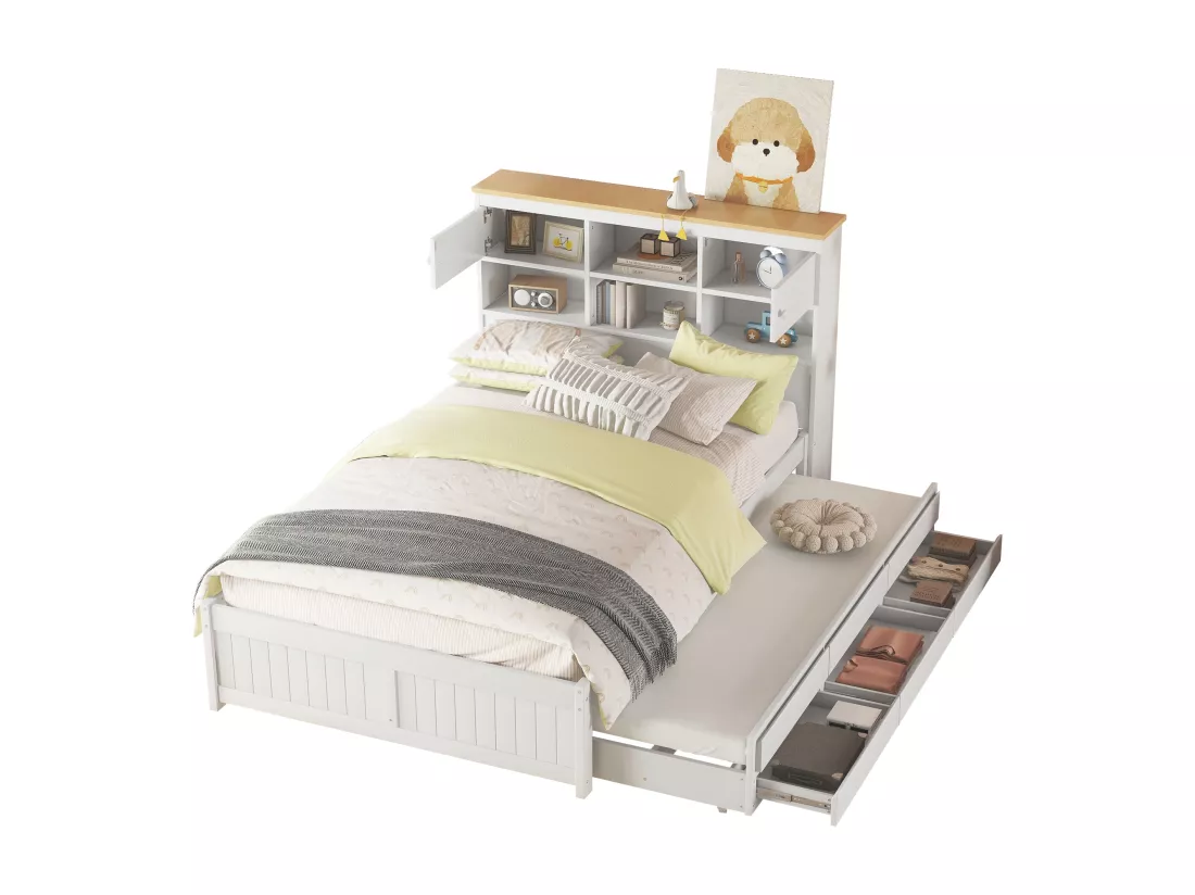 Lit gigogne avec rangements et 3 tiroirs - 140 x 200 et 90 x 190 cm - bois MDF - blanc - LOSIANA