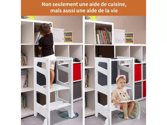 Yoleo Tour d'observation Montessori en Bois Nature, Tour d'apprentissage sécurisée, Marchepied pour bébé avec Tableau Noir- Blanc Géométrie
