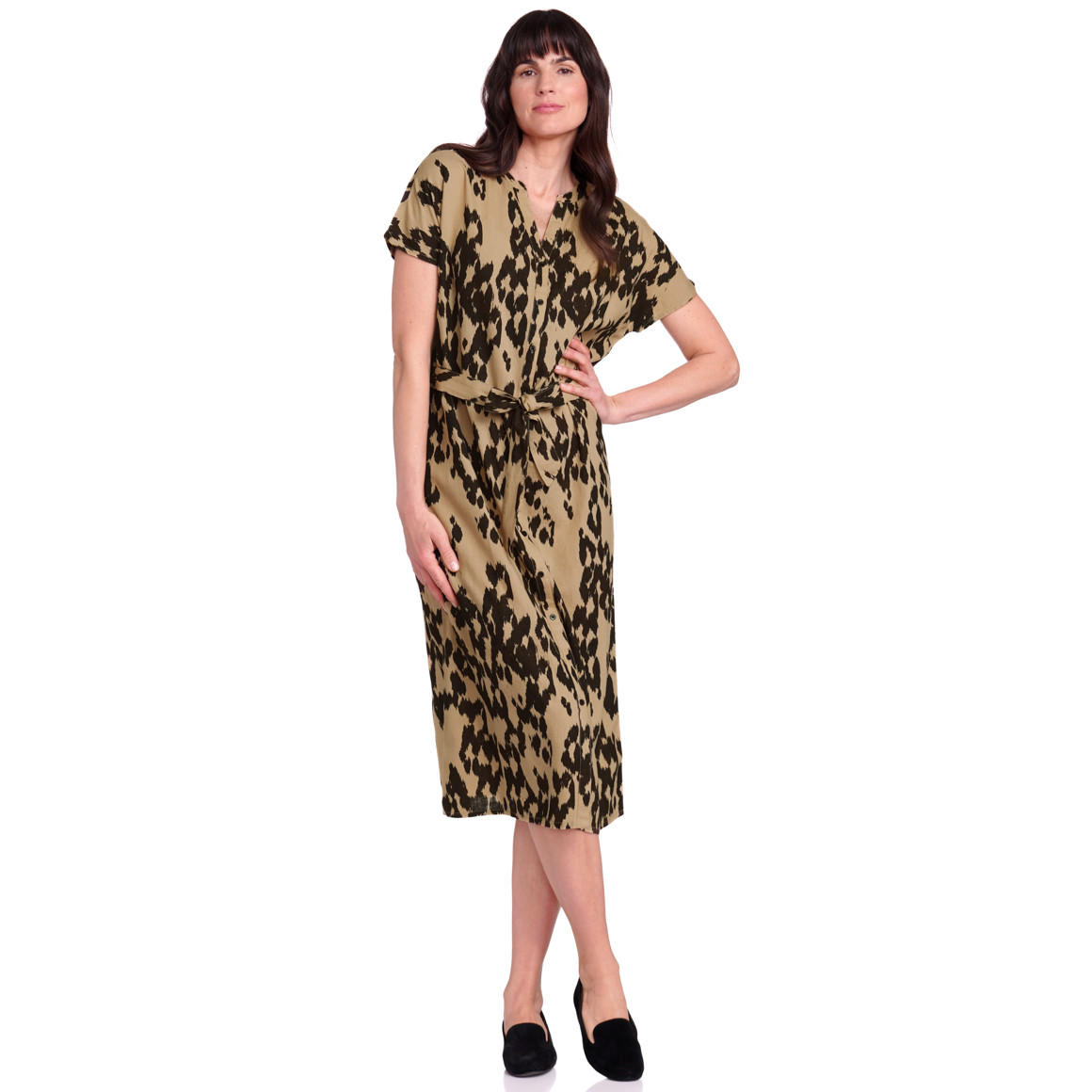 Gina Benotti Damen Leinen-Midi-Kleid im Leo-Look beige / dunkelbraun
