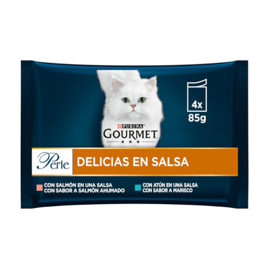 Filés de salmão e atum gourmet Perle em molho, embalagem para gatos.