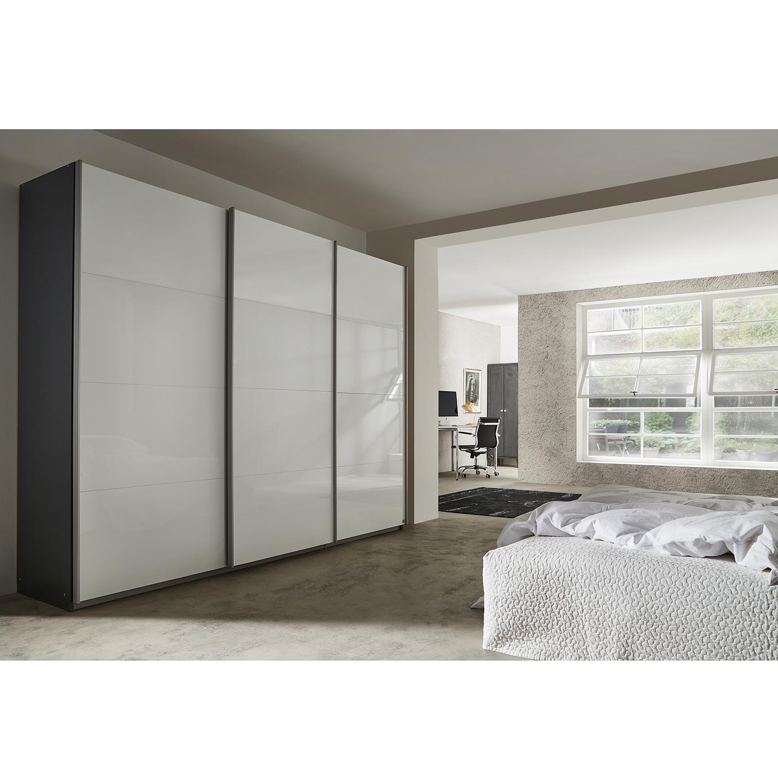 Schwebetürenschrank - weiß Hochglanz - grau metallic - 271x210 cm