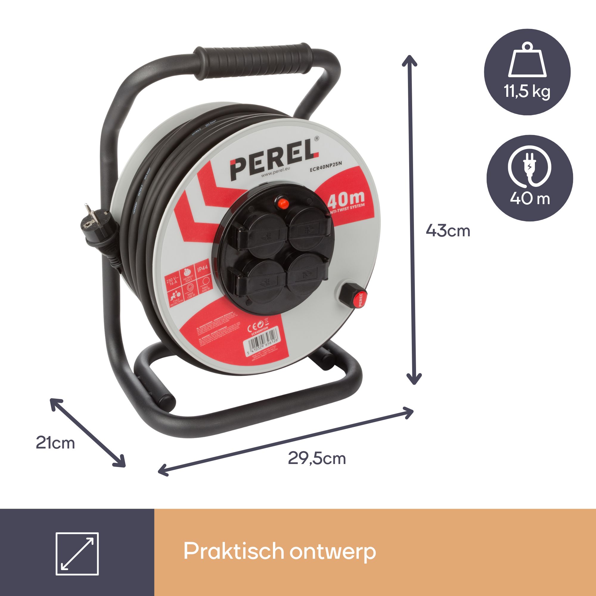 Perel ECR40NP25N 4-voudige kabelhaspel - 40 meter