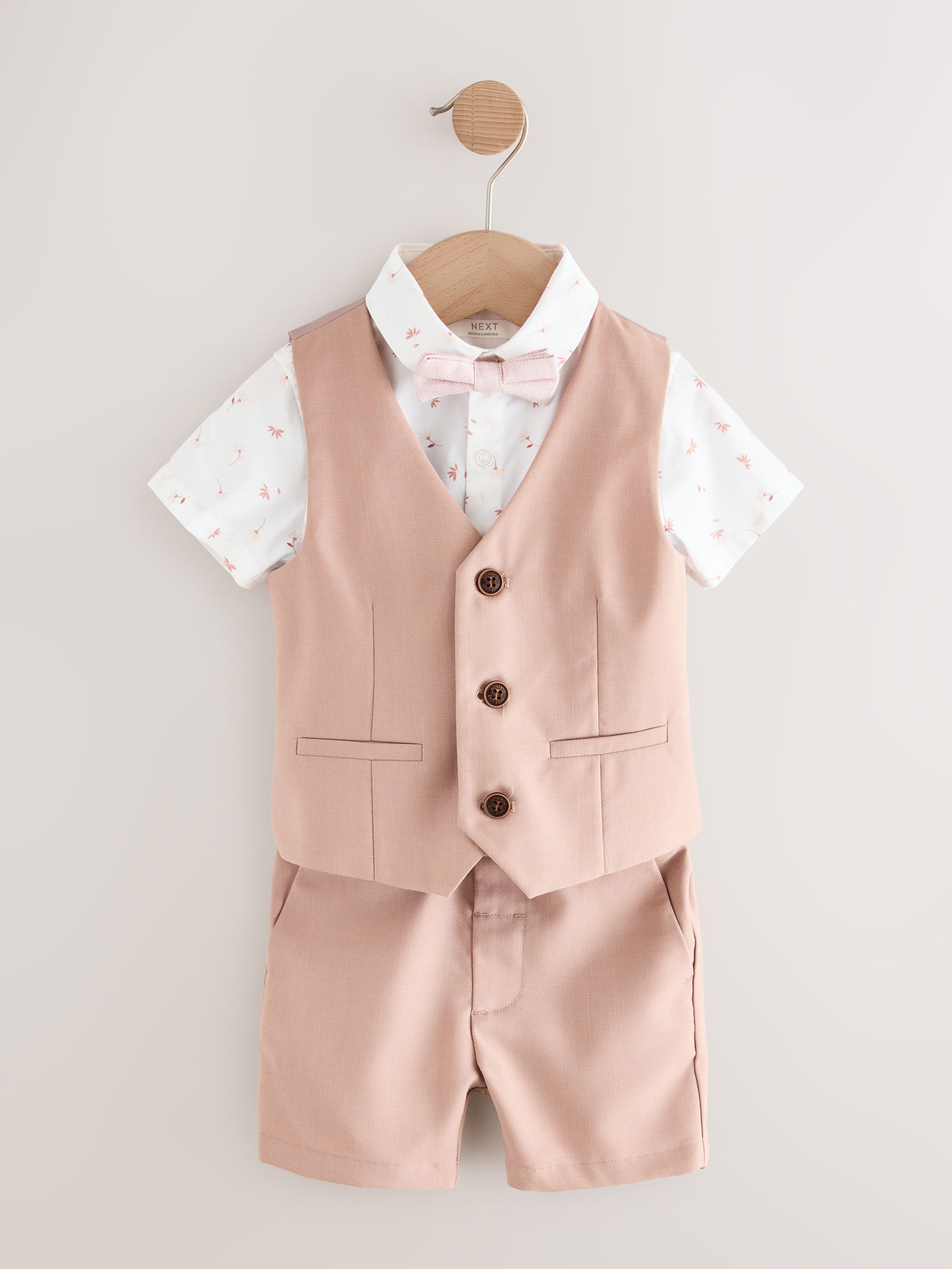 Roze bloemen - Set van gilet, overhemd, shorts en vlinderdas (3 mnd - 9 jr)