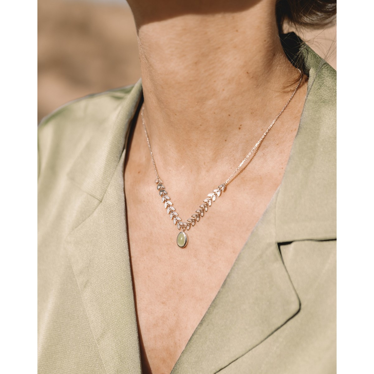 Collier Fin Argent Pendentif Pierre Precieuse Aventurine