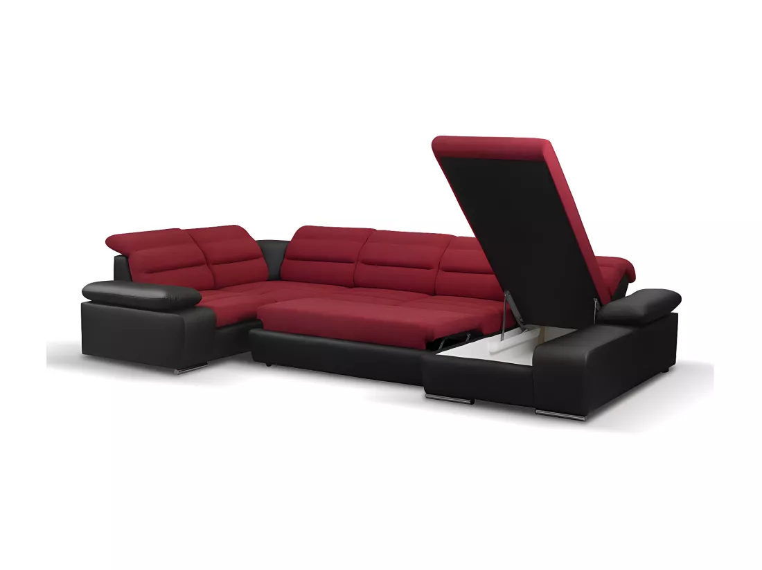 Canapé d'angle panoramique convertible en tissu et simili BOILEAU - Bicolore Rouge/Noir - Angle droit