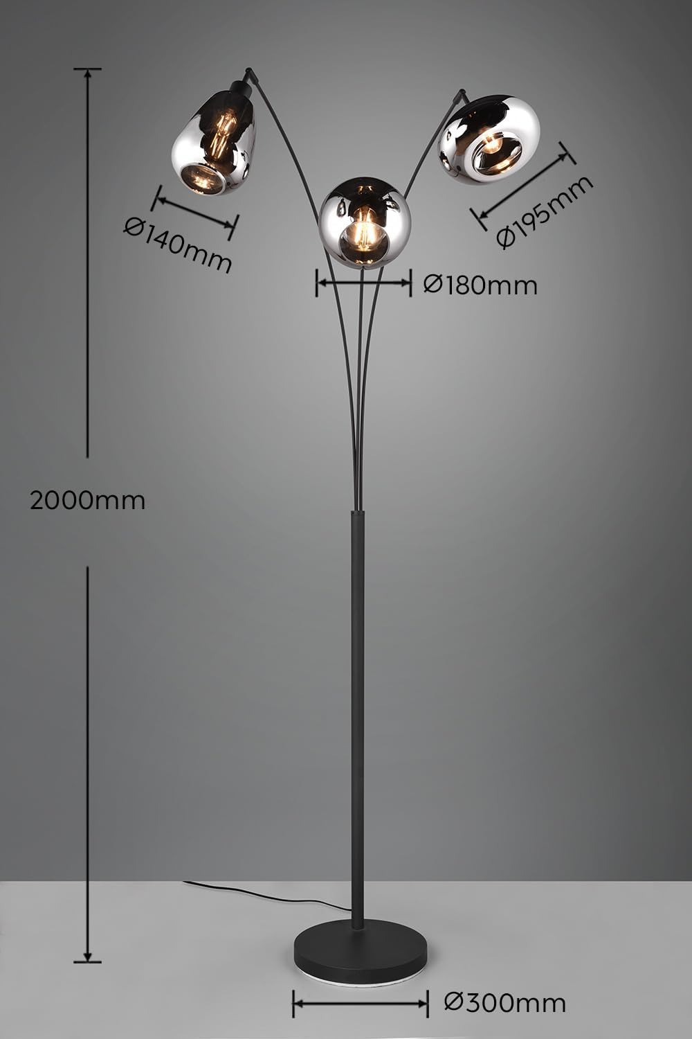 Trio Leuchten Stehleuchte Lumina 417000332, Metall Schwarz matt, Glas chrom bedampft, exkl. 3x E14
