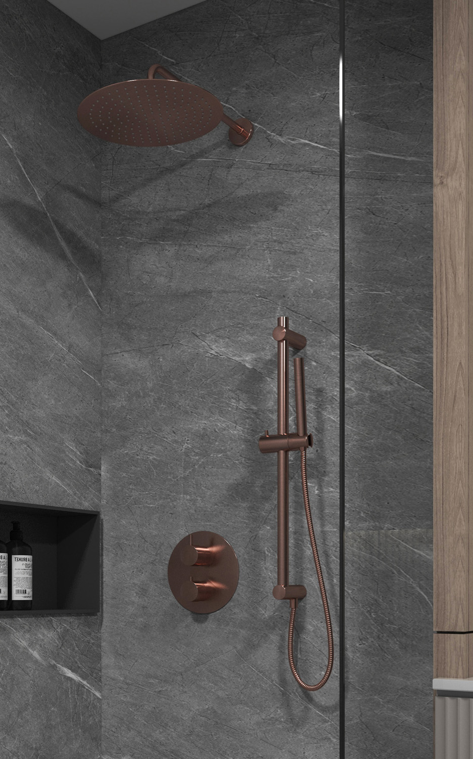 Saniclear Copper inbouw regendouche rond met 30cm hoofddouche, muurarm en glijstang geborsteld koper