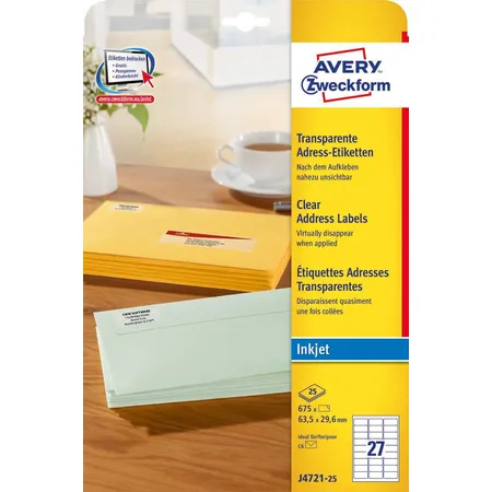 Avery Zweckform J4721-25 Adress-Etiketten,A4 63,5 x 29,6 mm, 25 Bogen/675 Etiketten, transparent