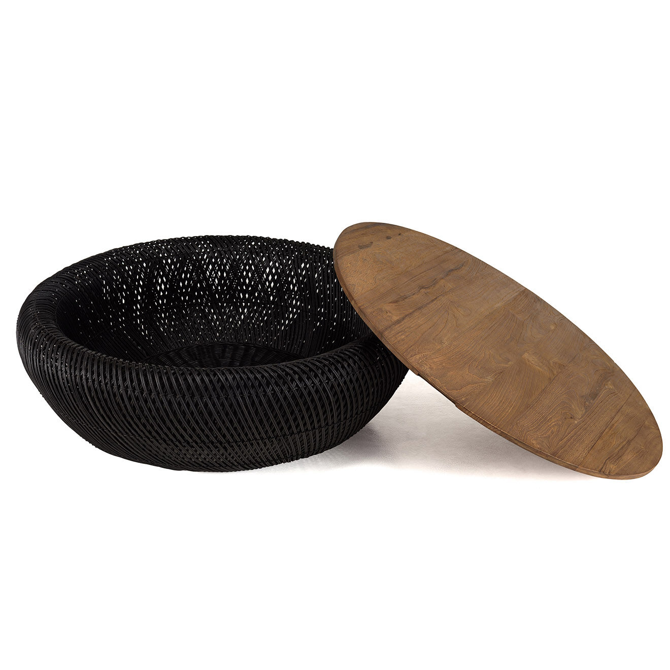 Macabane Table basse ronde en rotin noir plateau amovible Sixtine bois/noir - D.100x36 cm