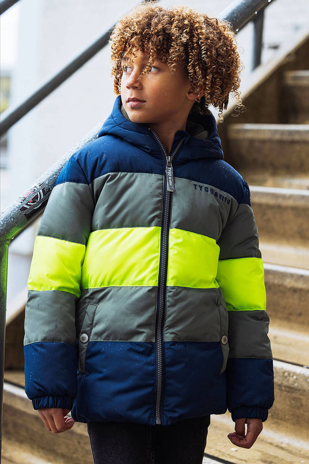TYGO & vito gewatteerde winterjas Joppe donkerblauw/groen/neon geel