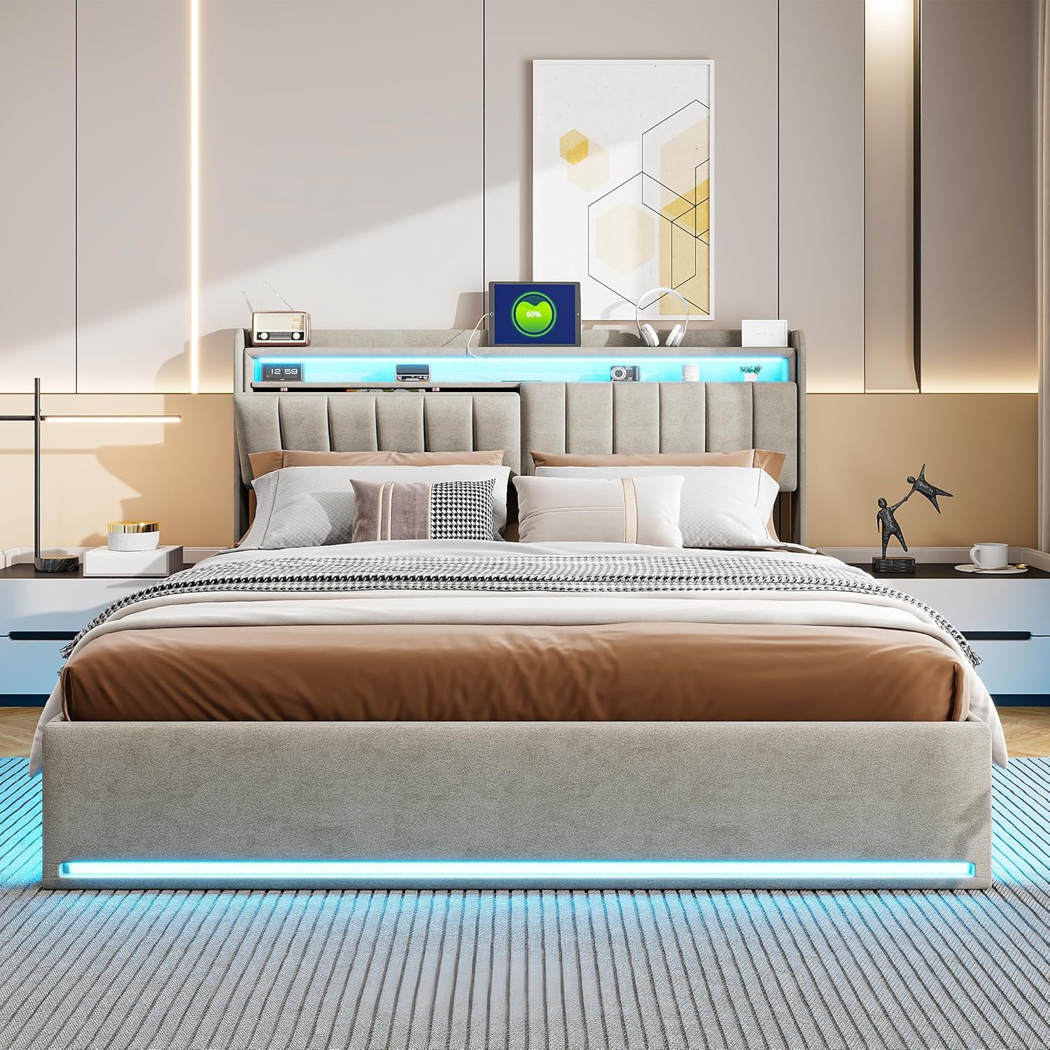 Polsterbett 160x200 cm,Doppelbett mit LED-Beleuchtung und Aufladen USB,Stauraumbetten mit Stauraum Kopfteil und Lattenrost,Jugendbett Stauraumbett Bettgestell,Bett mit Lattenrost (Grau, 160 x 200cm)