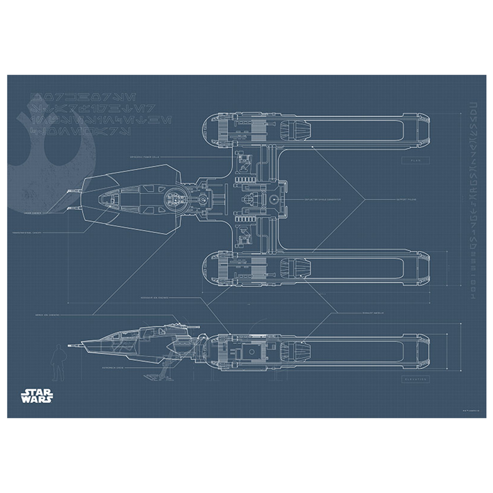 Wandbild STAR WARS EP9 BLUEPRINT Y-WING - blau-weiß - 70x50 cm