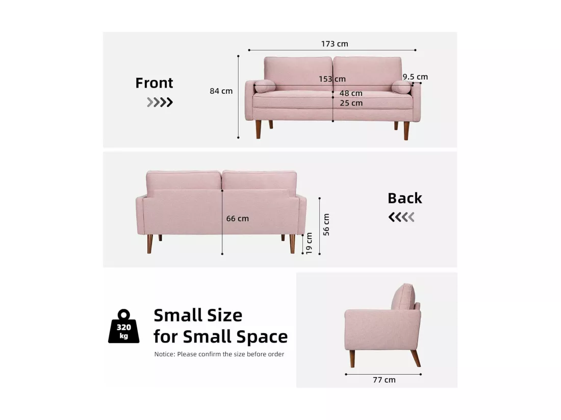 Canapé 3 places en tissu Lin rose - Scandinave - avec 2 Oreillers et Accoudoirs - Pieds bois massif - 173x77x84cm